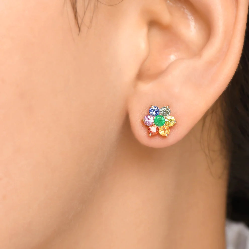 Rainbow Sapphire and Emerald Cluster Studs - Made to Order